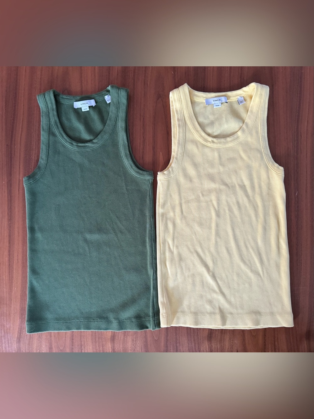 2 Vince Ribbed Tank Tops - Olive & Pale Yellow Size XS